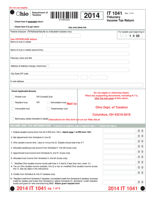 Fillable Form It 1041 - Fudiciary Income Tax Return Printable pdf