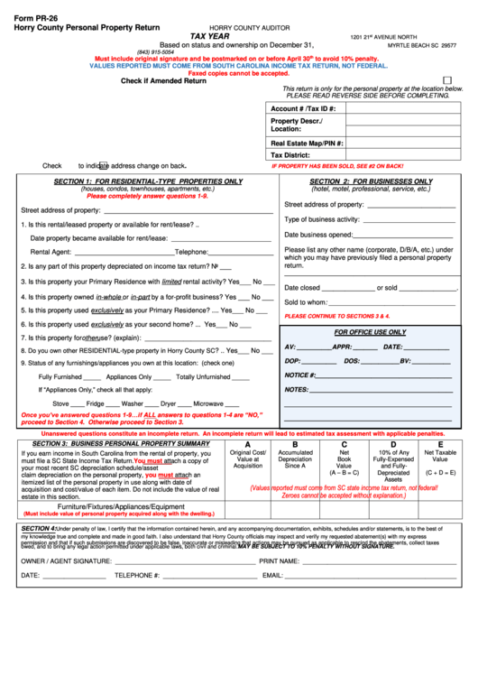 Form Pr-26 - Horry County Personal Property Return Printable pdf