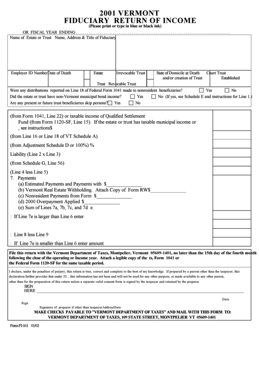 Form Fi-161 - Fiduciary Return Of Income - 2001 Printable pdf