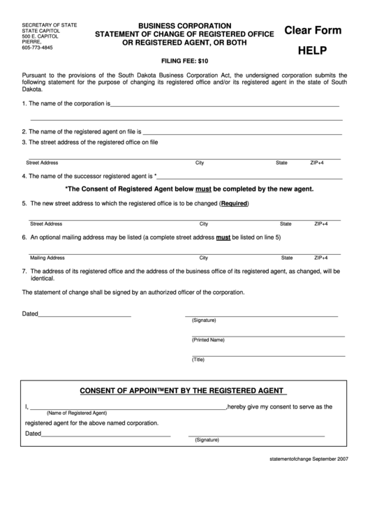 Fillable Business Corporation Statement Of Change Of Registered Office Form - 2007- Printable pdf