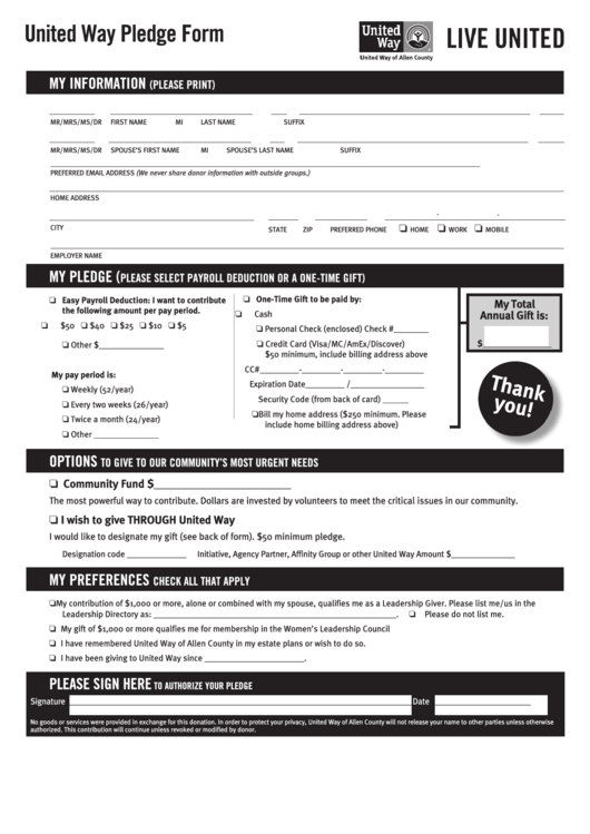 United Way Pledge Form Printable pdf