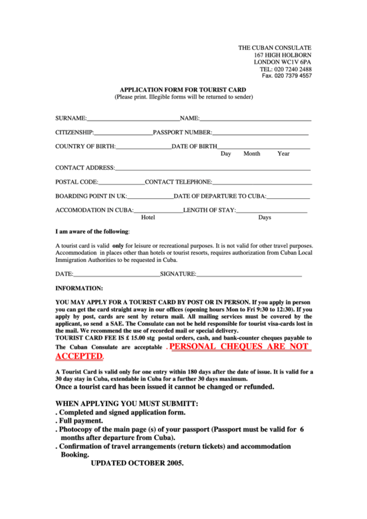 Application Form For Tourist Card Printable pdf