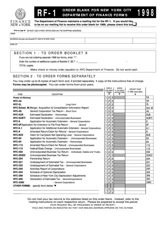Fillable Form Rt-1 - Order Blank For New York City Department Of Finance - 1998 Printable pdf