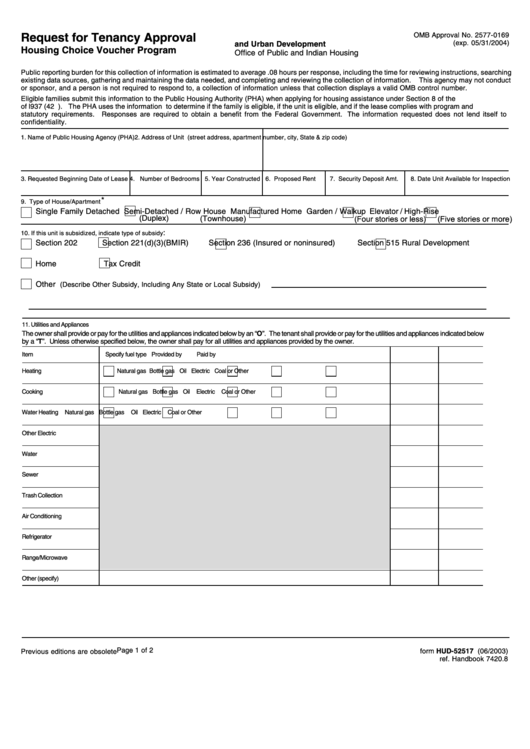 Fillable Form Omb Approval 2577-0169 - Request For Tenancy Approval Housing Choice Voucher Program Printable pdf