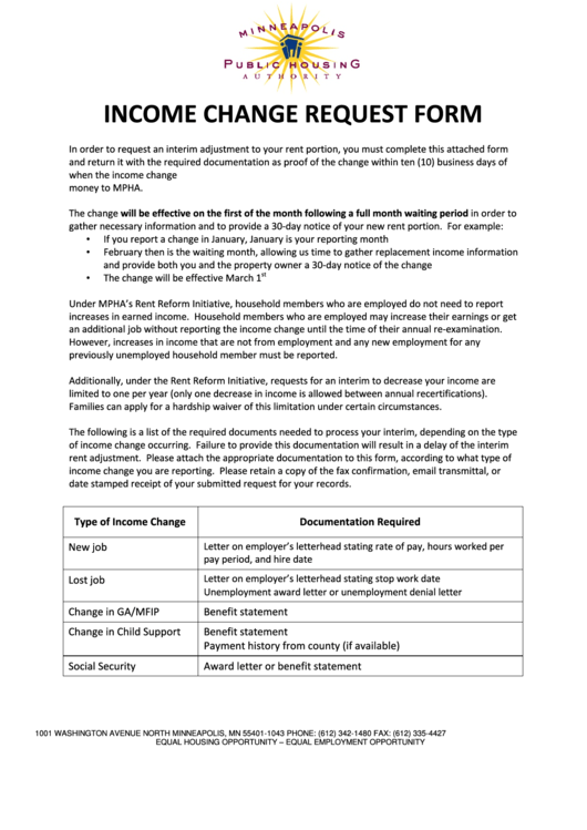 Income Change Request Form Printable pdf