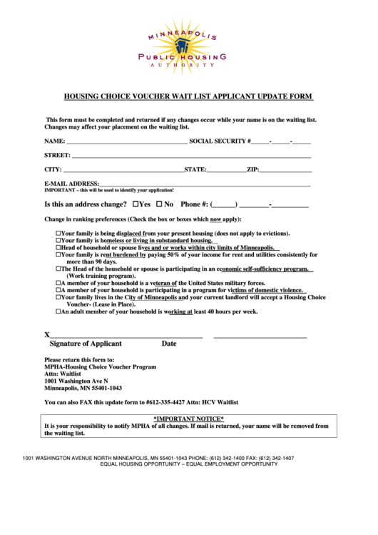 Housing Choice Voucher Wait List Applicant Update Form Printable pdf