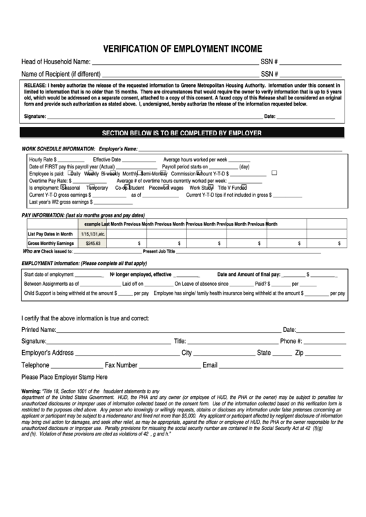 Verification Of Employment Income Form Printable pdf