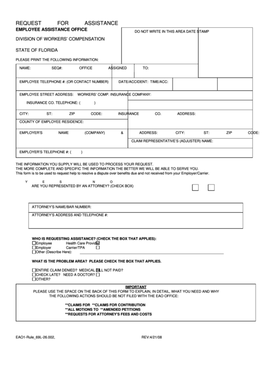 Request For Assistance Form - Division Of Workers