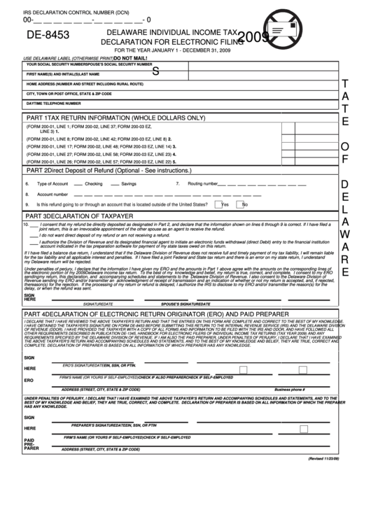 Fillable Form De-8453 - Delaware Individual Income Tax - Declaration For Electronic Filing - 2009 Printable pdf