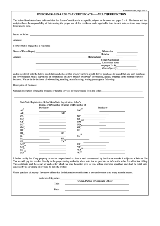 Fillable Uniform Sales & Use Tax Certificate Form - Multijurisdiction - 1998 Printable pdf
