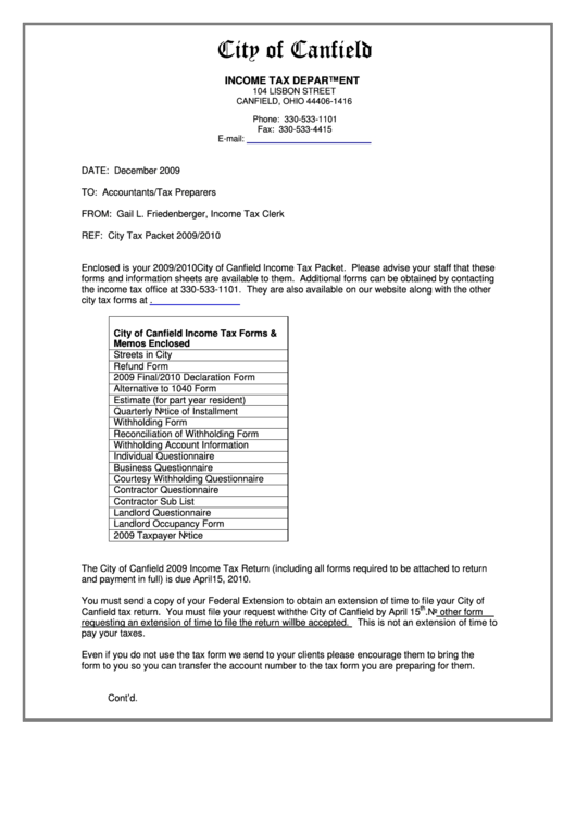 City Of Canfield Income Tax Department - State Of Ohio printable pdf ...