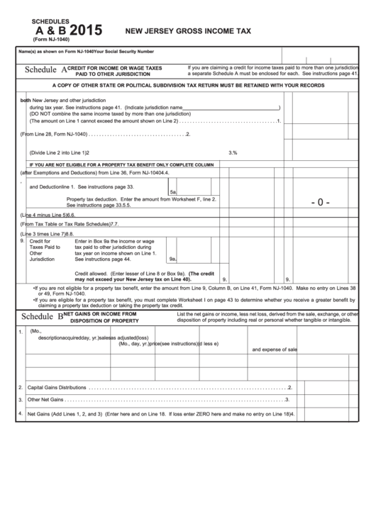 Fillable Form Nj-1040 - Schedules A & B - New Jersey Gross Income Tax - 2015 Printable pdf
