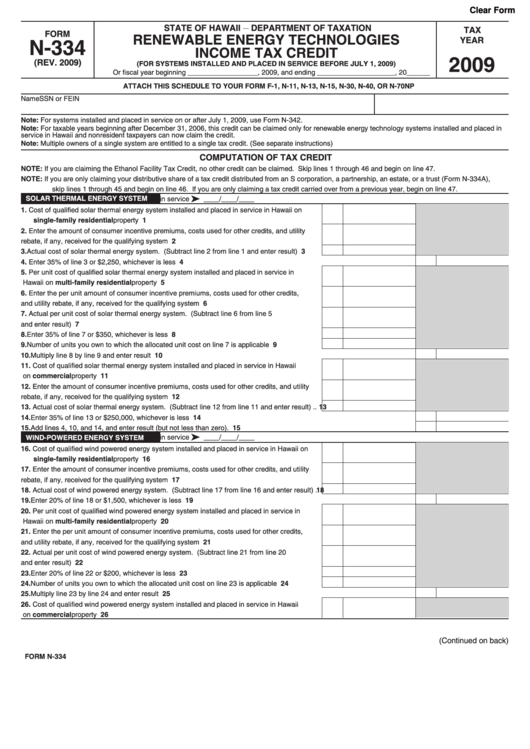 Form N-334 - Renewable Energy Technologies Income Tax Credit - 2009
