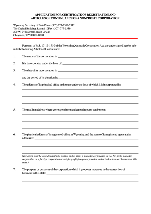 Fillable Application Form For Certificate Of Registration And Articles Of Continuance Of A Nonprofit Corporation Form - 2004 Printable pdf