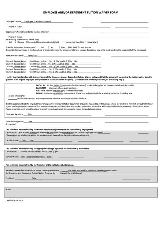 Employee And/or Dependent Tuition Waiver Form Printable pdf