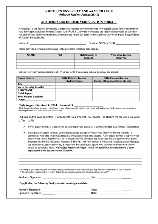 Fillable Zero Income Verification Form 2015 2016 printable pdf download