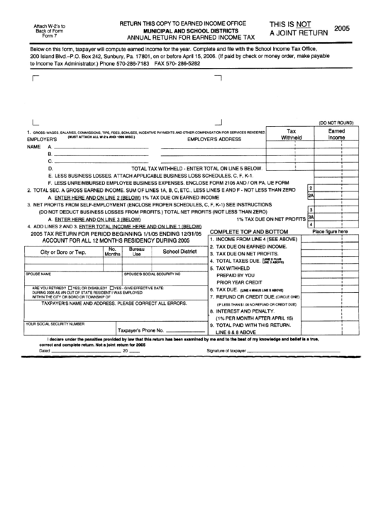 Annual Return For Earned Income Tax - 2005 Printable pdf