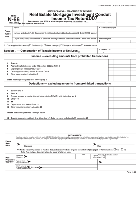 Form N-66 - Real Estate Mortgage Investment Conduit Income Tax Return - 2007 Printable pdf