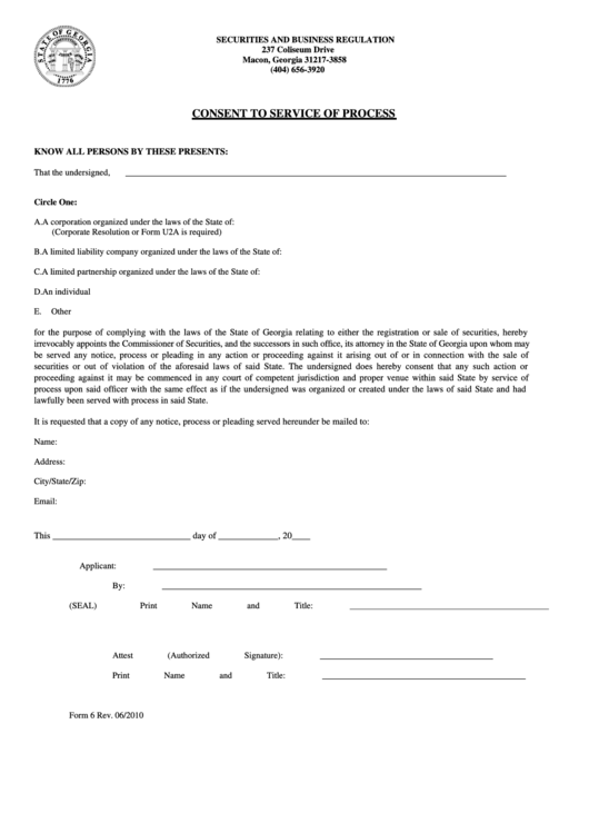 Form 6 - Consent To Service Of Process Printable pdf