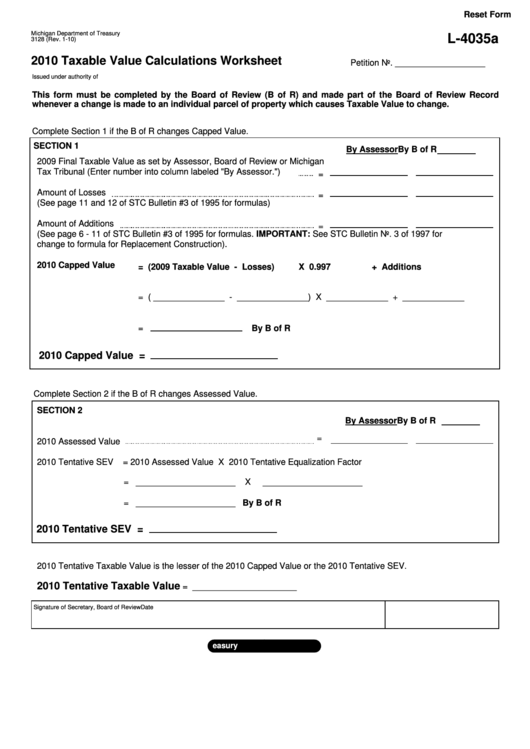 Fillable Form L-4035a - 2010 Taxable Value Calculations Worksheet Printable pdf