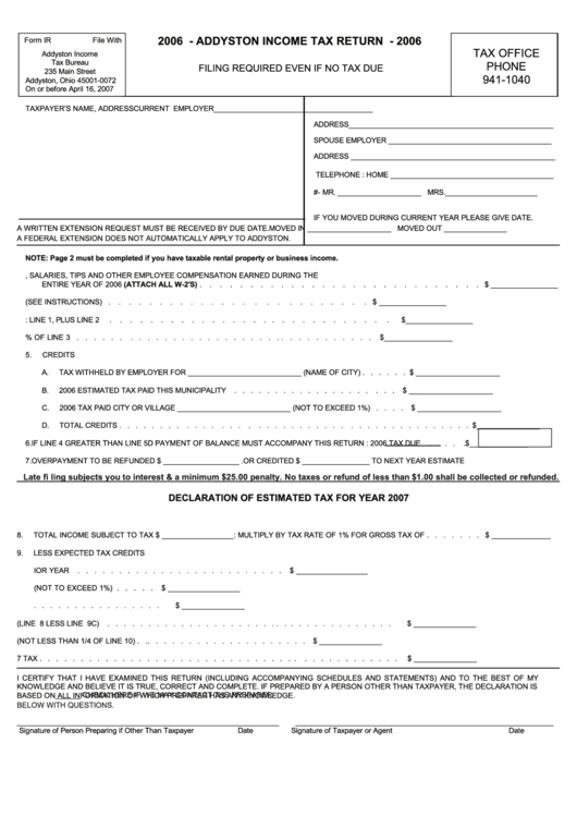 Form Ir - Addyston Income Tax Return - 2006 Printable pdf