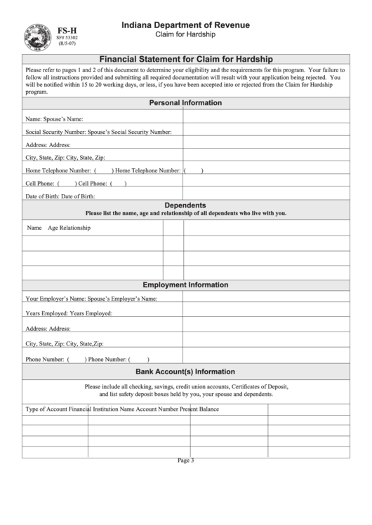 Fillable Form Fs-H - Financial Statement For Claim For Hardship Printable pdf