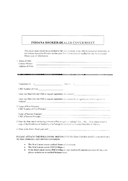 Indiana Broker-Dealer Cover Sheet Printable pdf