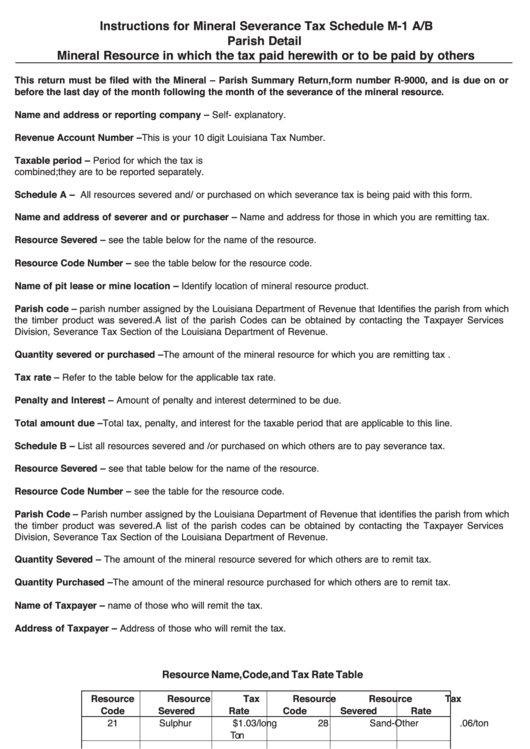 Instructions For Mineral Severance Tax Schedule M-1 A/b - Parish Detail Printable pdf