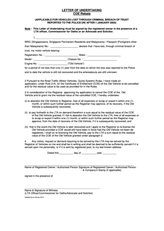 Letter Of Undertaking - Coe Rebate Form