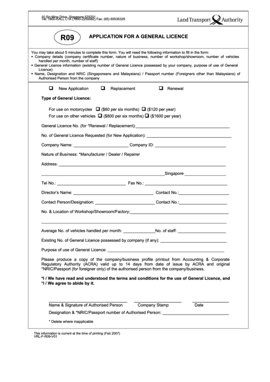 Form R09 - Application For A General Licence Printable pdf