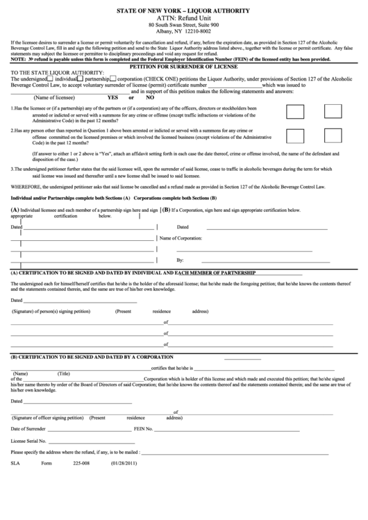 Form 225-008 Sla - Petition For Surrender Of License Printable pdf