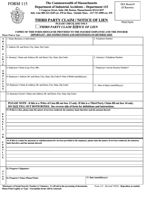 Fillable Form 115 - Third Party Claim / Notice Of Lien 2010 Printable pdf