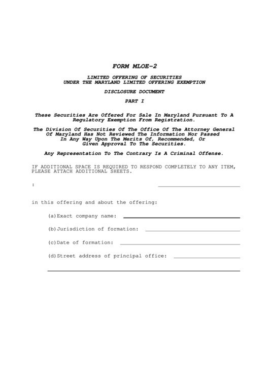 Form Mloe-2 - Limited Offering Of Securities Under The Maryland Limited Offering Exemption Disclosure Document Printable pdf