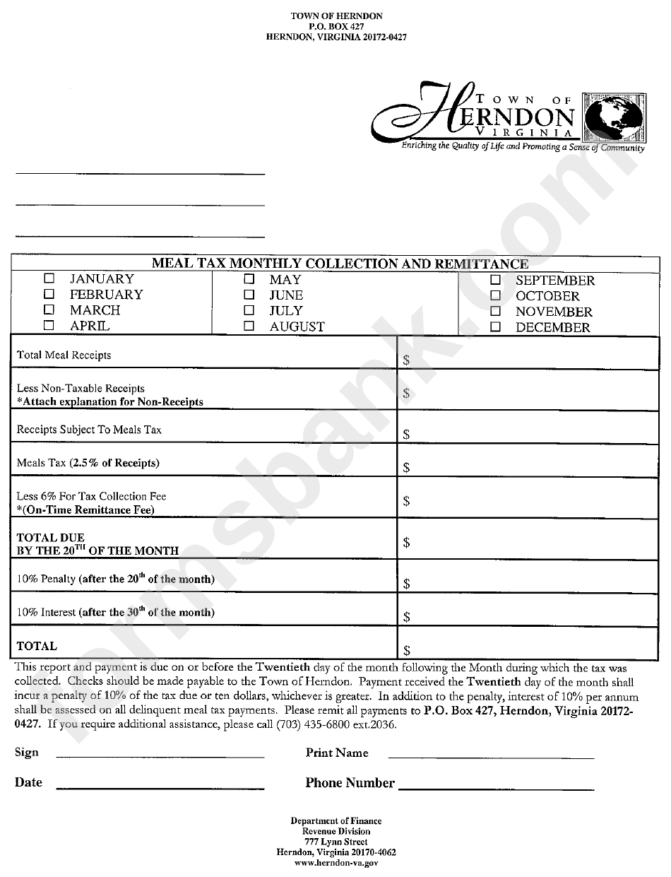 Town Of Herndon Meal Tax Monthly Collection And Remttance Form