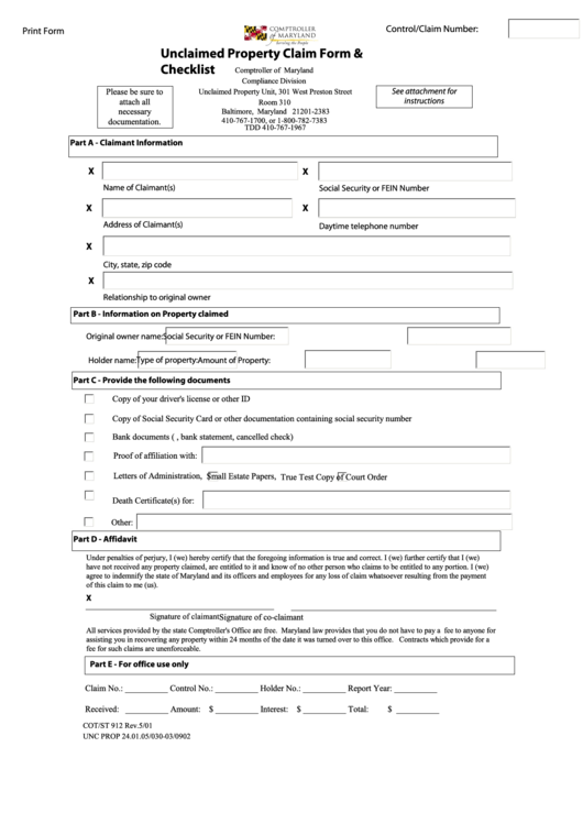 Fillable Form Cot/st 912 - Unclaimed Property Claim Form & Checklist 2001 Printable pdf