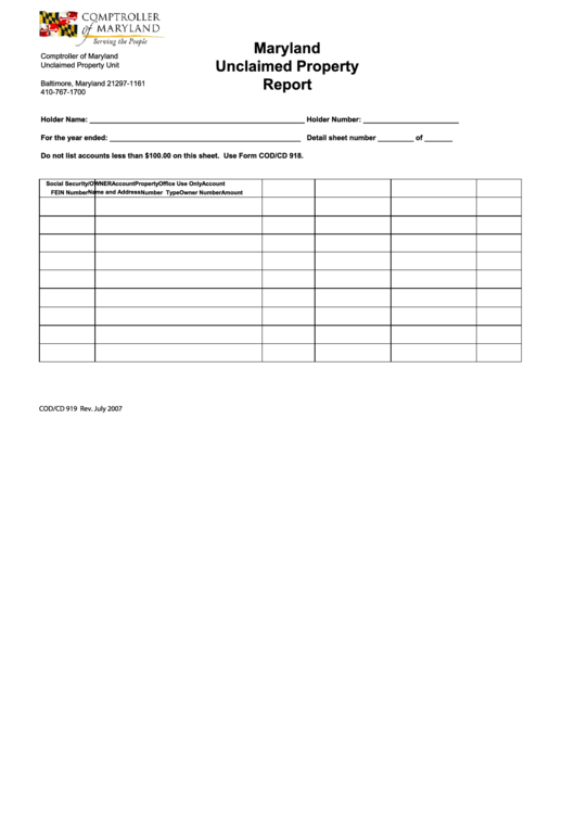 Fillable Form Cod/cd 919 - Maryland Unclaimed Property Report Printable pdf