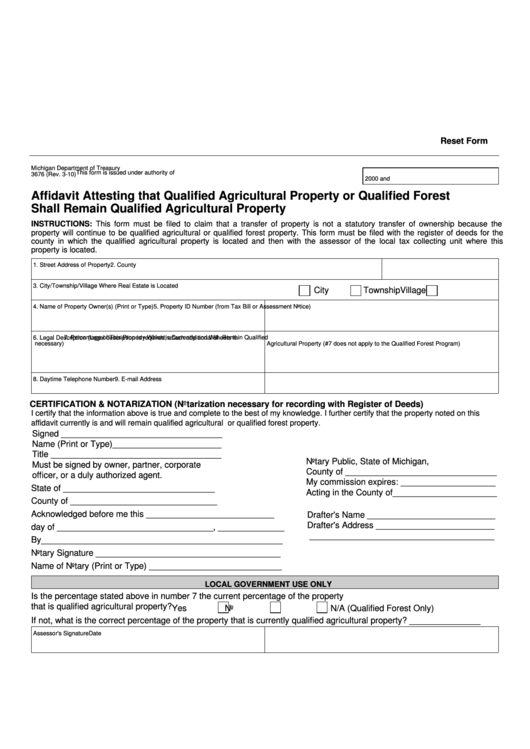 Fillable Form 3676 - Affidavit Attesting That Qualified Agricultural Property Or Qualified Forest Shall Remain Qualified Agricultural Property 2010 Printable pdf