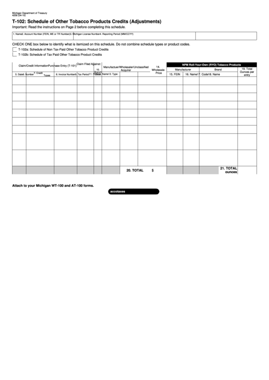 Form 4258 - T-102 - Schedule Of Other Tobacco Products Credits (Adjustments) Printable pdf