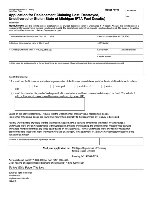Fillable Form 2824 - Application For Replacement Claiming Lost, Destroyed, Undelivered Or Stolen State Of Michigan Ifta Fuel Decal(S) 2009 Printable pdf