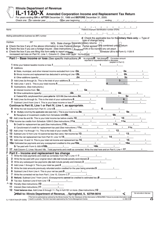 Form Il-1120-X - Amended Corporation Income And Replacement Tax Return Printable pdf