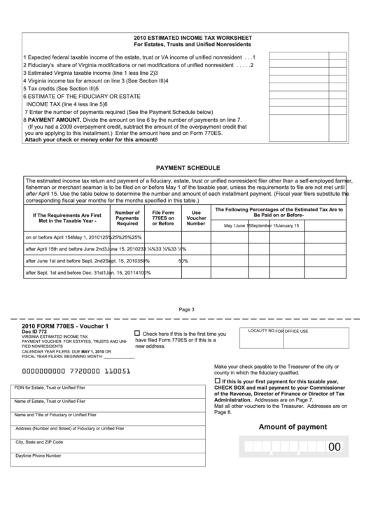 Form 770es - Virginia Estimated Income Tax Worksheet & Vouchers - 2010 Printable pdf