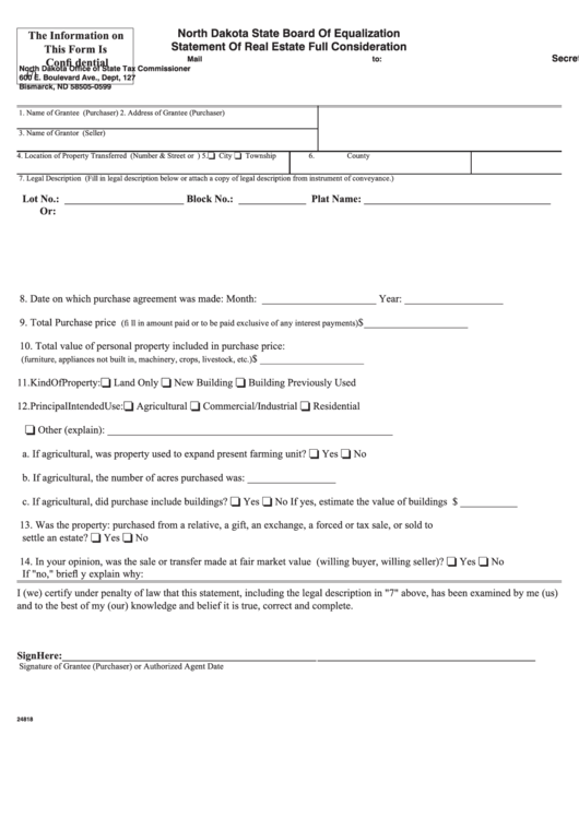 Fillable Statement Of Real Estate Full Consideration Form - North Dakota State Board Of Equalization Printable pdf