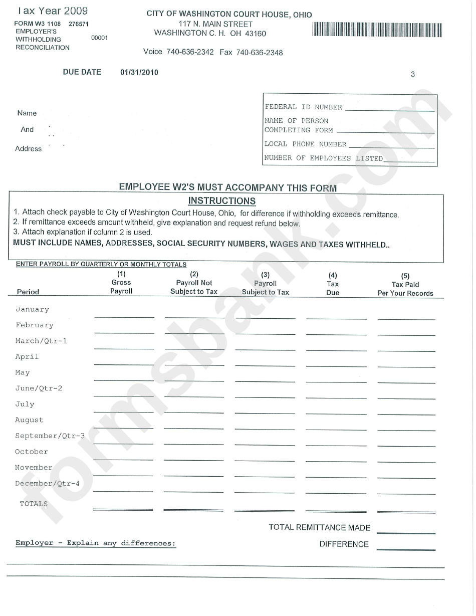 Form W3 - Employer'S Withholding Reconciliation printable pdf download