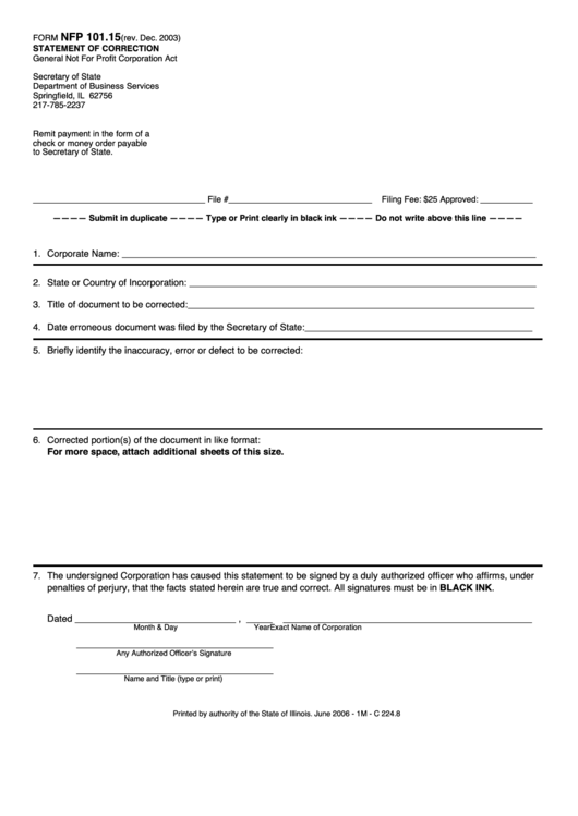 Fillable Form Nfp 101.15 - Statement Of Correction Printable pdf