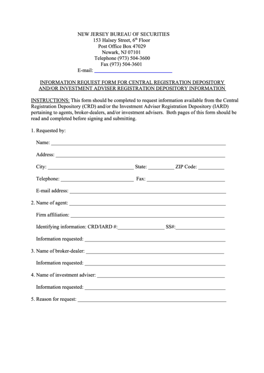 Fillable Form Njbos-4 - Information Request Form For Central Registration Depository And/or Investment Adviser Registration Depository Information Printable pdf