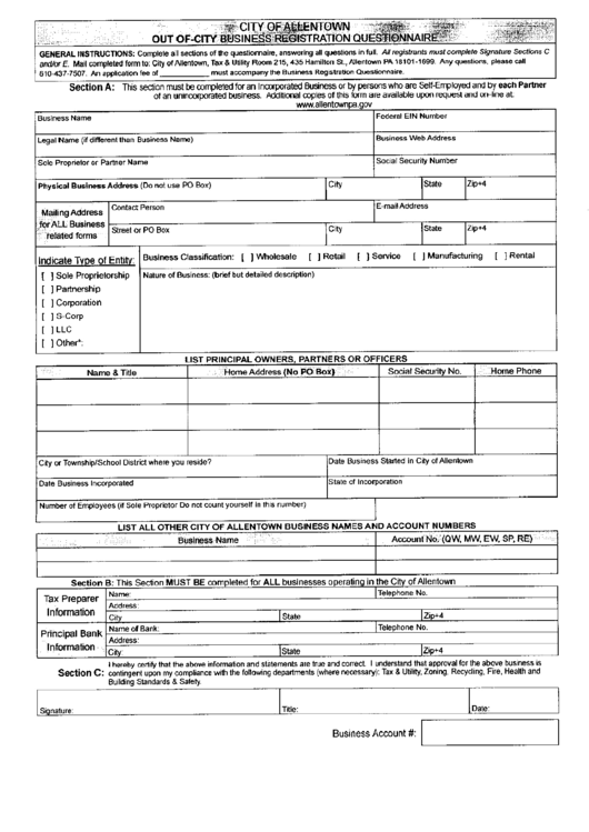 Out Of-City Business Registration Questionnaire Printable pdf