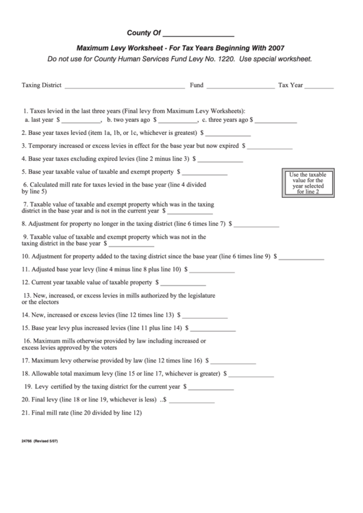 Form 24766 - Maximum Levy Worksheet - For Tax Years Beginning - 2007 Printable pdf