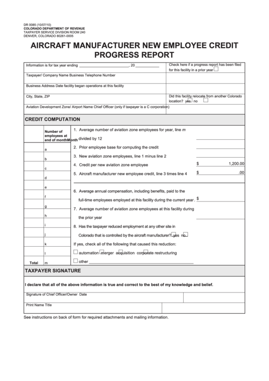 Form Dr 0085 - Aircraft Manufacturer New Employee Credit Progress Report 2010 Printable pdf