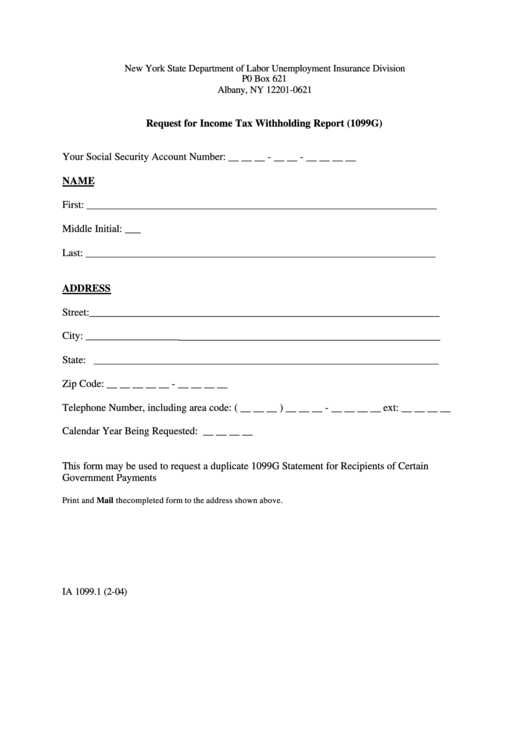 Form 1099g - Request For Income Tax Withholding Report Printable pdf
