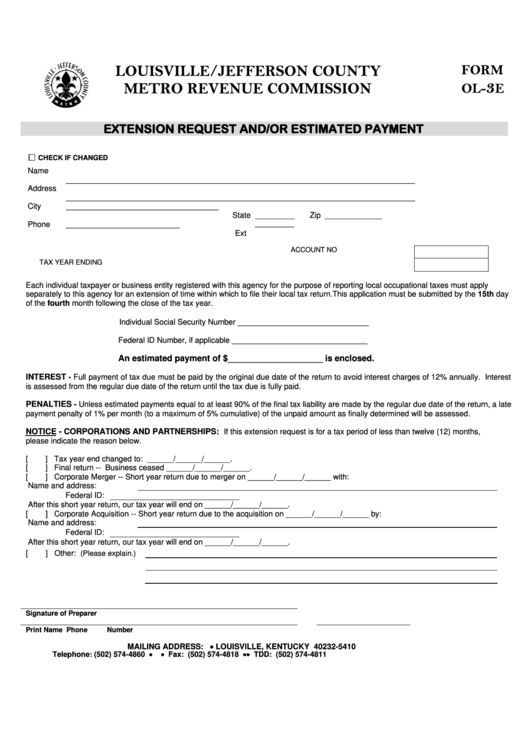 Fillable Form Ol-3e - Extension Request - Louisville Metro Revenue Commission Printable pdf